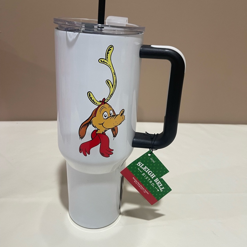 Max, the Grinches dog. White Tumbler with dog Reindeer Design